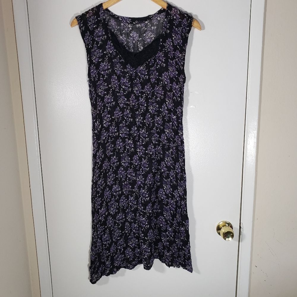 Vintage Silk Floral Semi Sheer V Neck Lace Midi Dress Size M